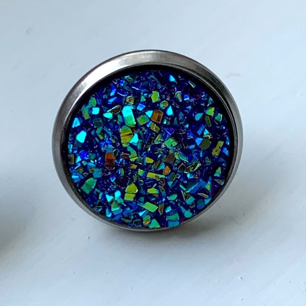 Men’s Titanium Blue Iridescent Faux Drusy Quartz Iced Out Hip Hop Stud Earrings